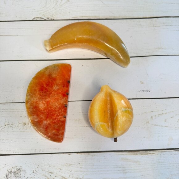 Vintage Stone Fruit Italian Alabaster Decor Lot of 3 Banana Watermelon & Peach - Picture 1 of 6